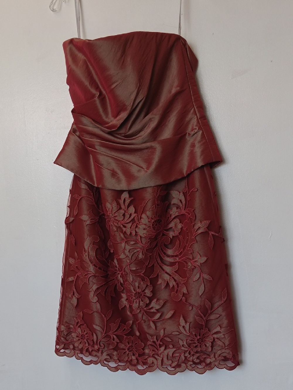 Mon Cheri Red Strapless Cocktail Dress with Floral Lace